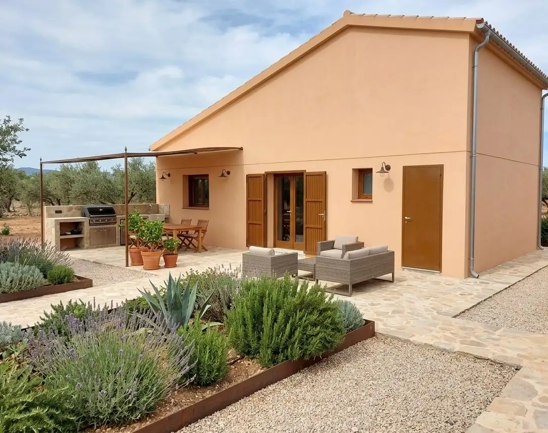 Rehabilitación de fachada en color salmón con zona de barbacoa y jardín mediterráneo en Tarragona